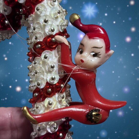 Vintage Japan Elf on Candy Cane Ornaments • 1950s Beaded Sequin Santa Elf Pair • - Picture 3 of 7